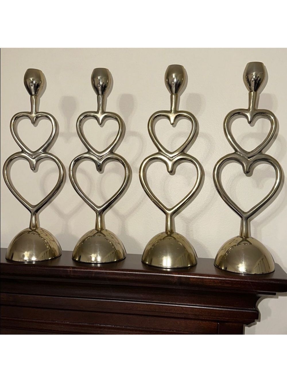 AnthroHome Set of 4 Aluminum Gold Tone Double Heart Medium Candle Holders